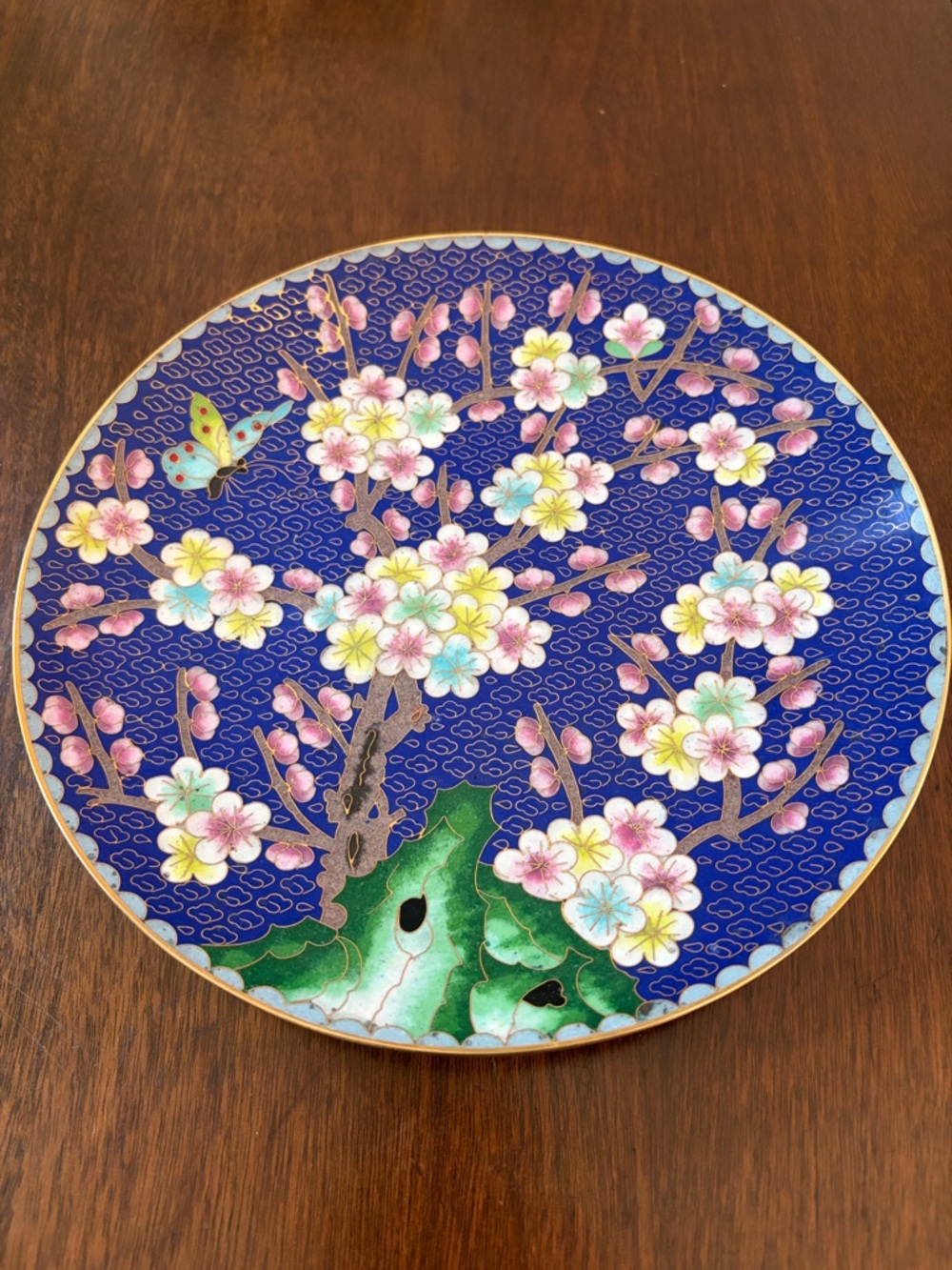 Vintage Asian Cloisonnรฉ Plate Charger Multicolor Butterfly Floral Tree Dish